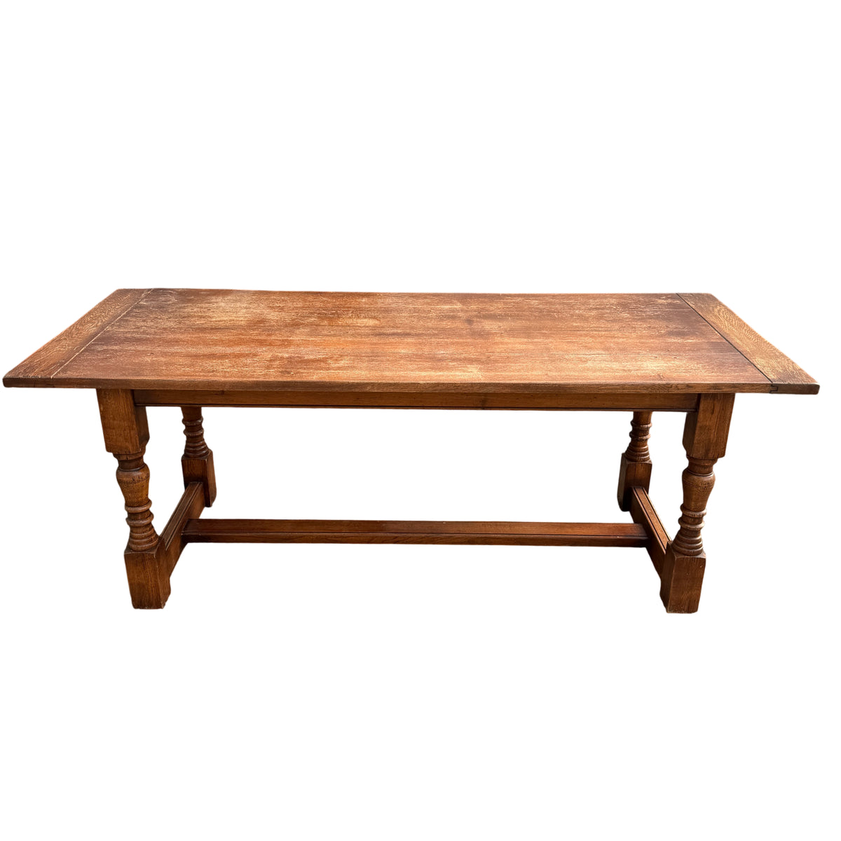 Solid oak farmhouse refectory dining table with removable top and turned legs