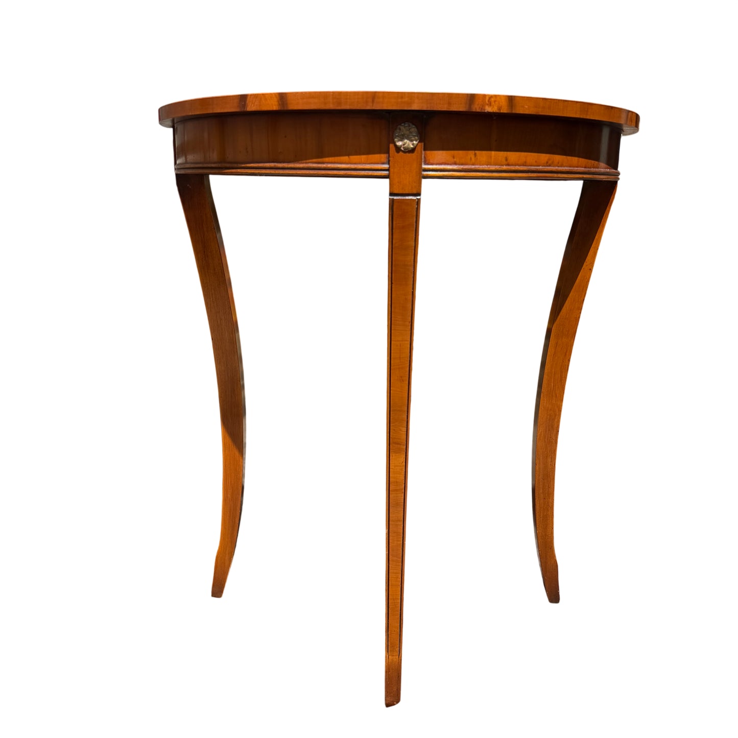 Frontal view of mahogany demi-lune console table showing veneered top and apron detailing