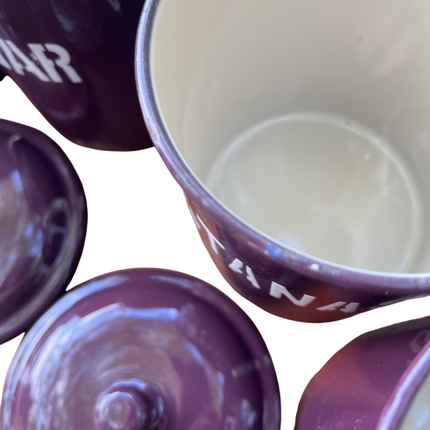 Corner view of set showing lids and labels Rice Sugar Sultanas Currants