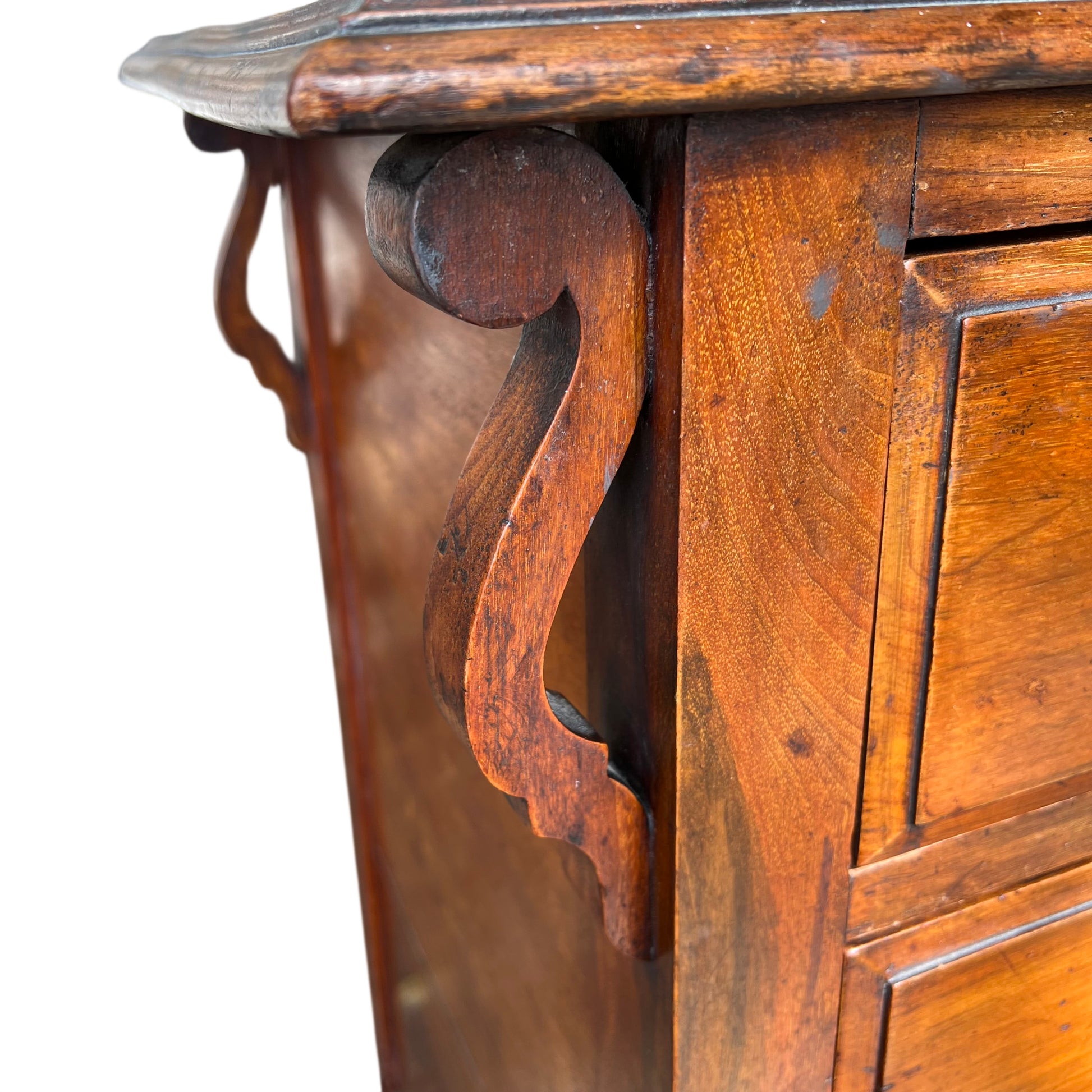 Top view of oak chest showing moulded edge and aged finish
