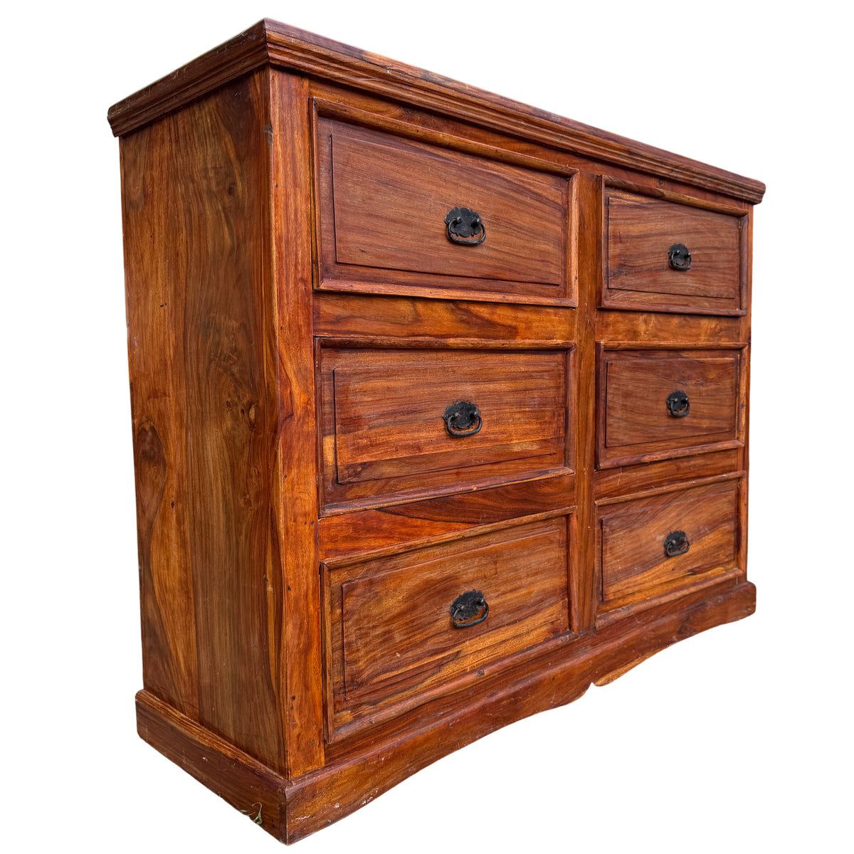 Large Indian-style solid wood chest of drawers with six recessed-panel drawers and black iron ring handles