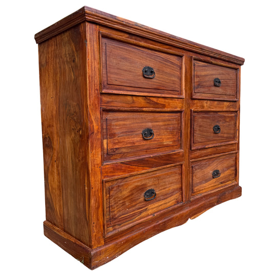 Large Indian-style solid wood chest of drawers with six recessed-panel drawers and black iron ring handles
