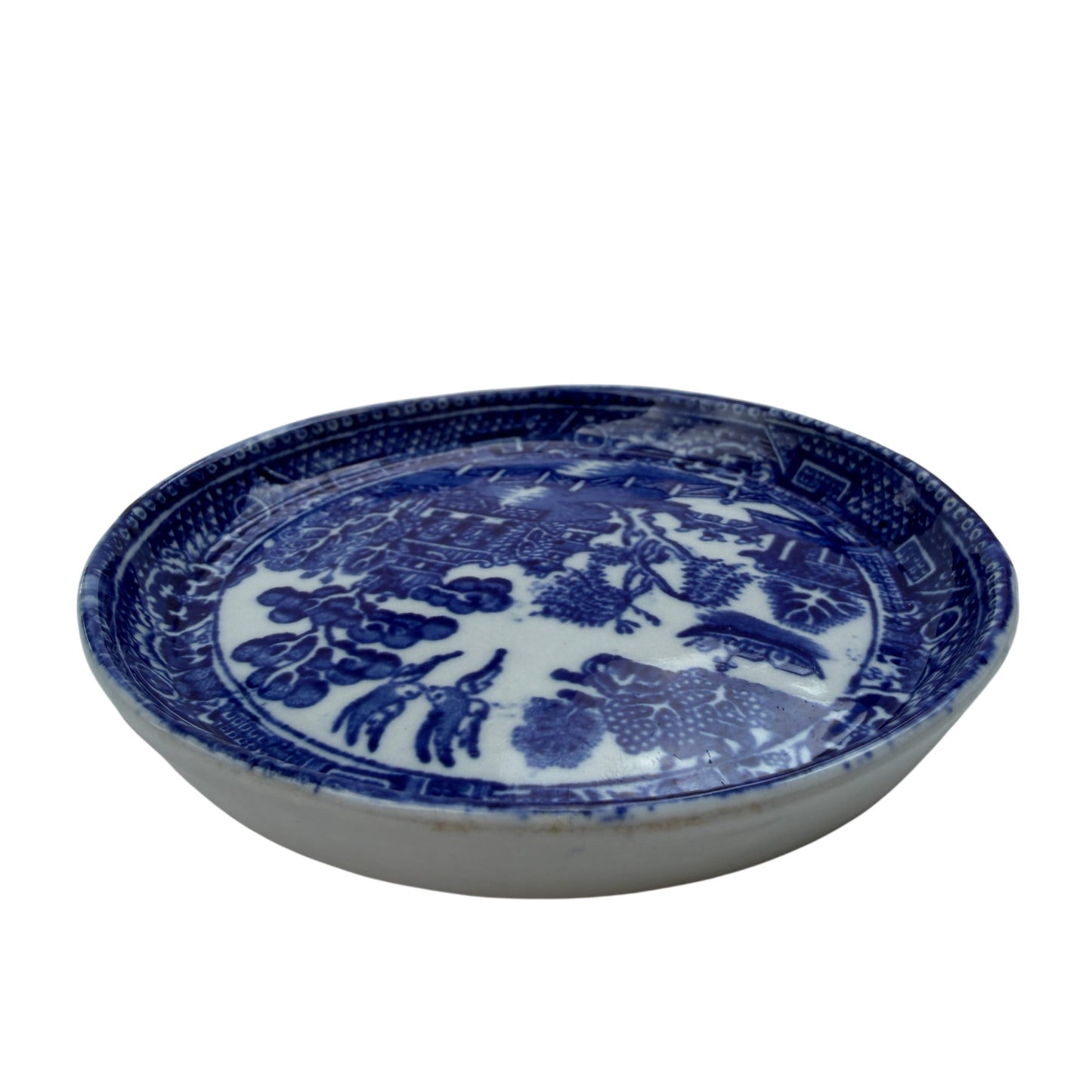 Interior view showing Willow pattern transferware decoration and glazing