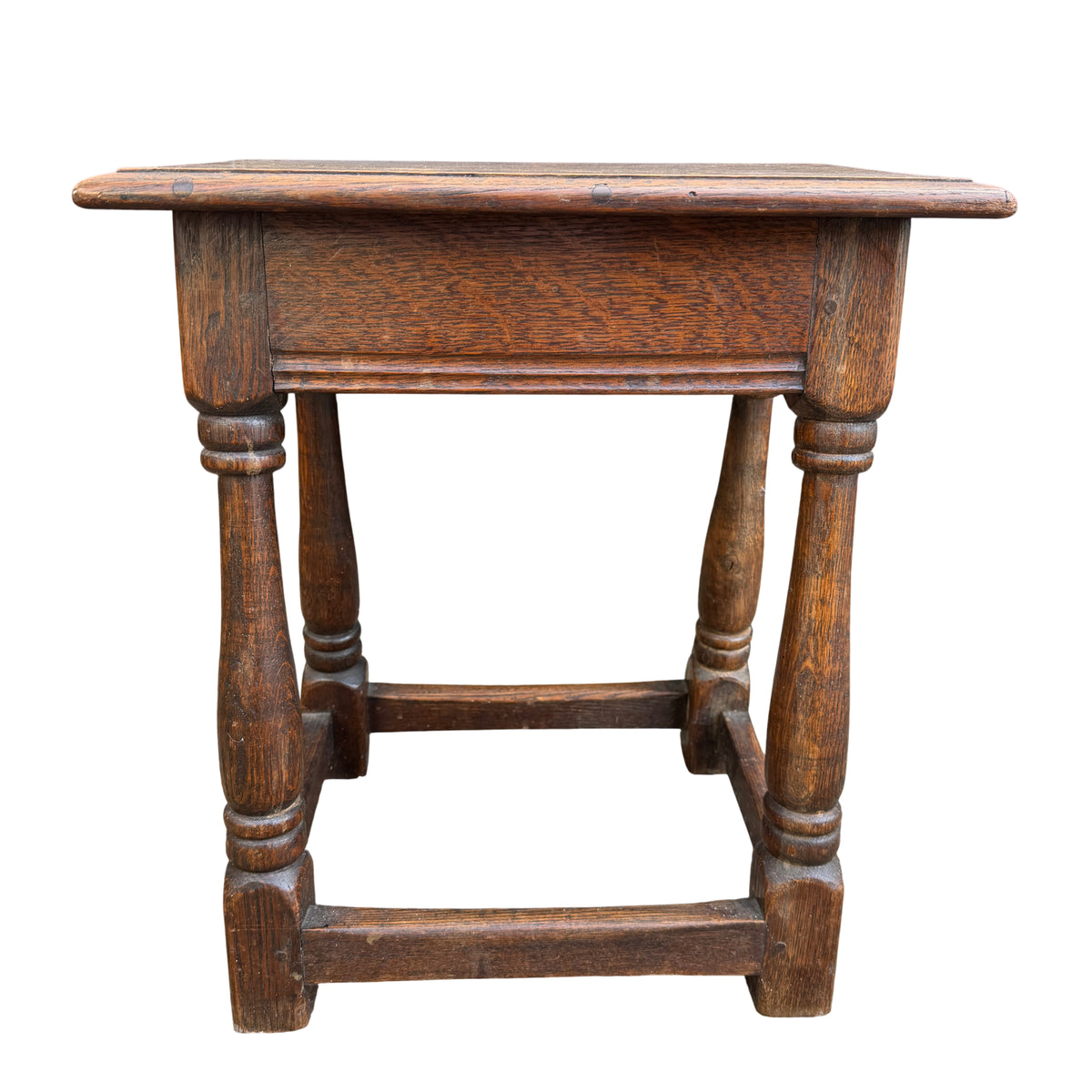 Vintage oak occasional table with stretcher base and bobbin-turned legs