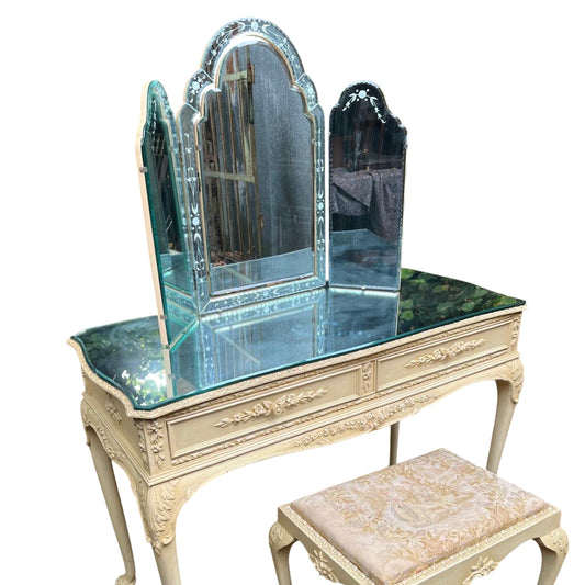 Vintage painted dressing table with tri-fold etched mirror and matching upholstered stool