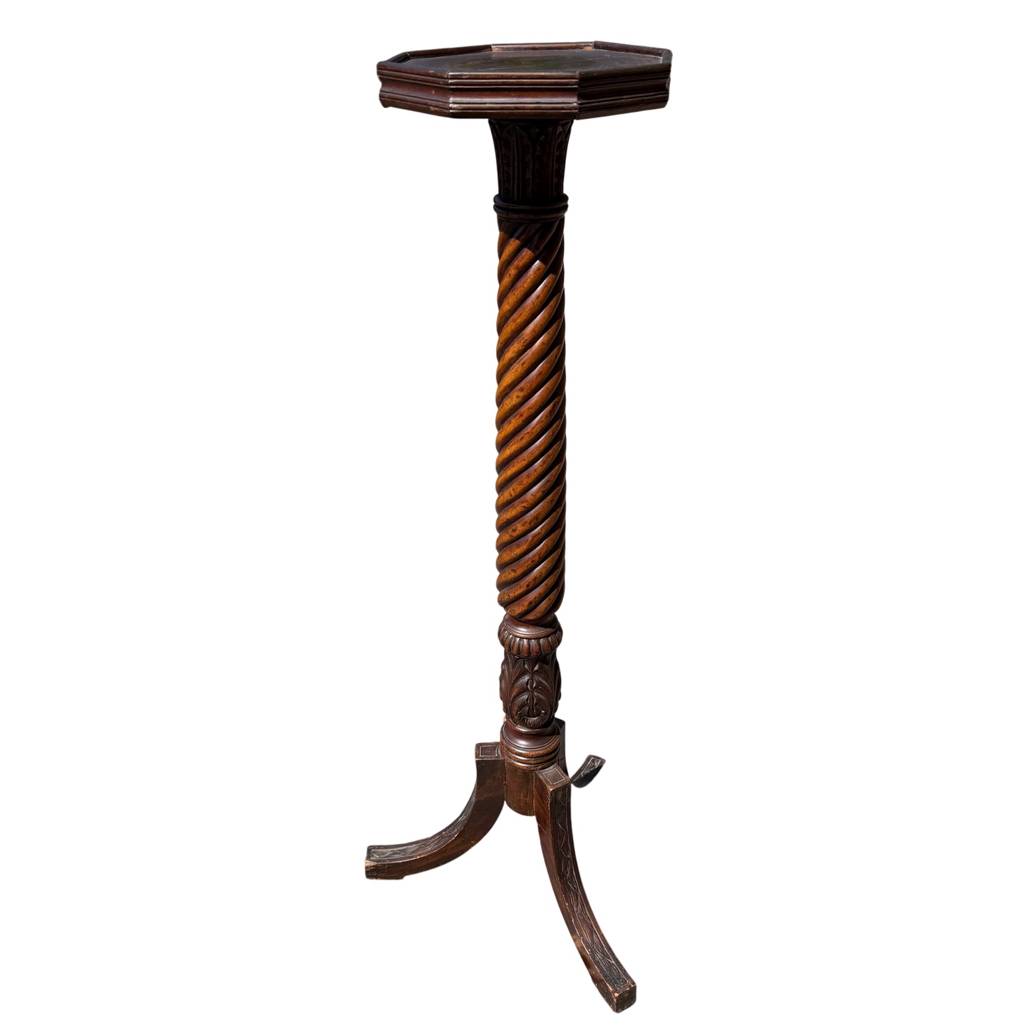 Victorian barley twist mahogany plant stand full-height view with three-footed base