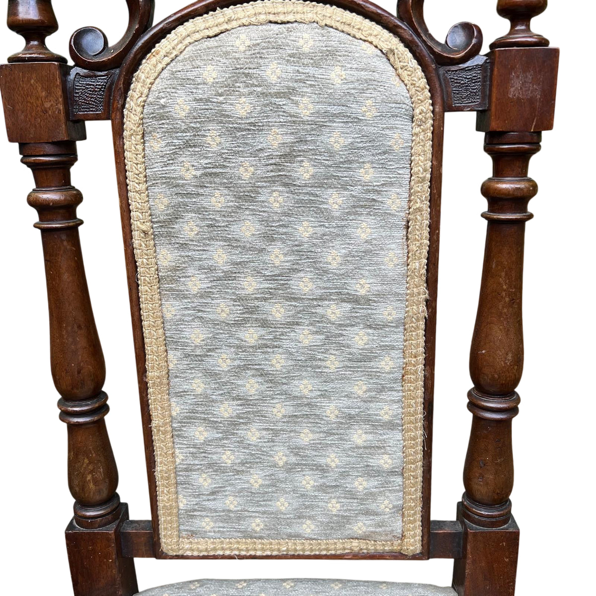 Close view of chair back uprights and turned supports
