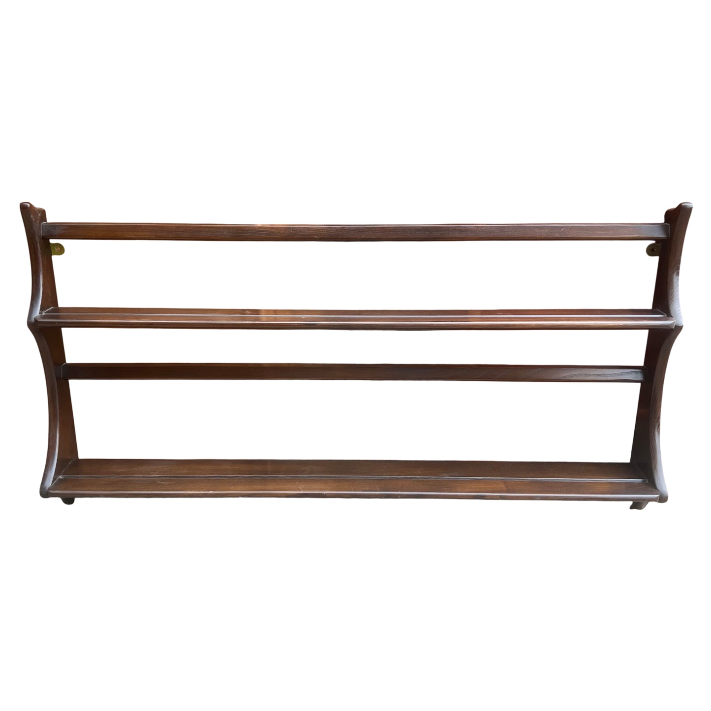 Ercol mid-century three-tier wall-mounted plate rack in dark-stained wood with maker's label visible