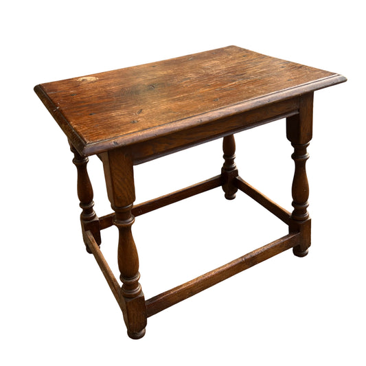 Vintage oak side table with rectangular plank top, turned legs and stretcher base