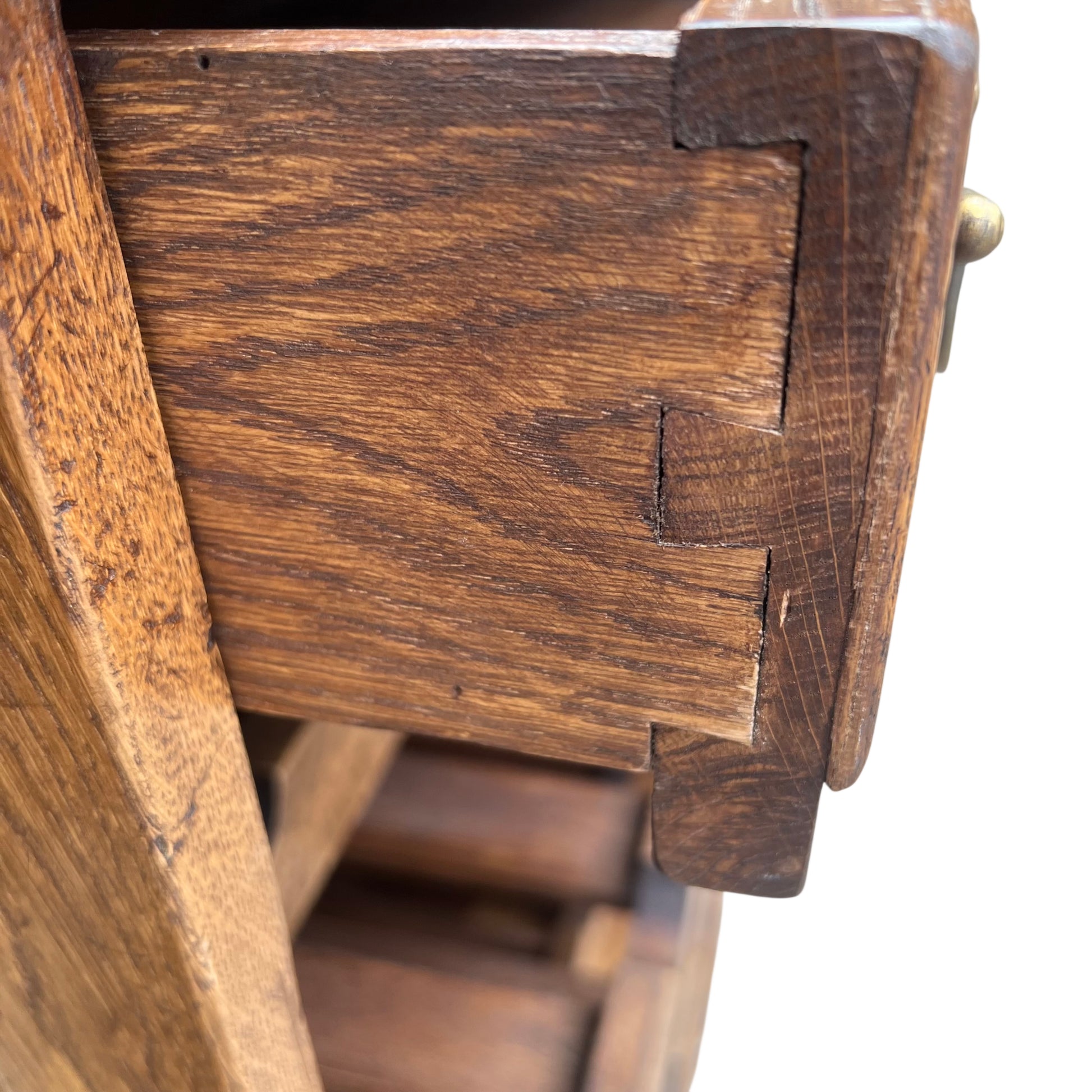 Front view oak bottle rack cabinet with drawer and brass handles
