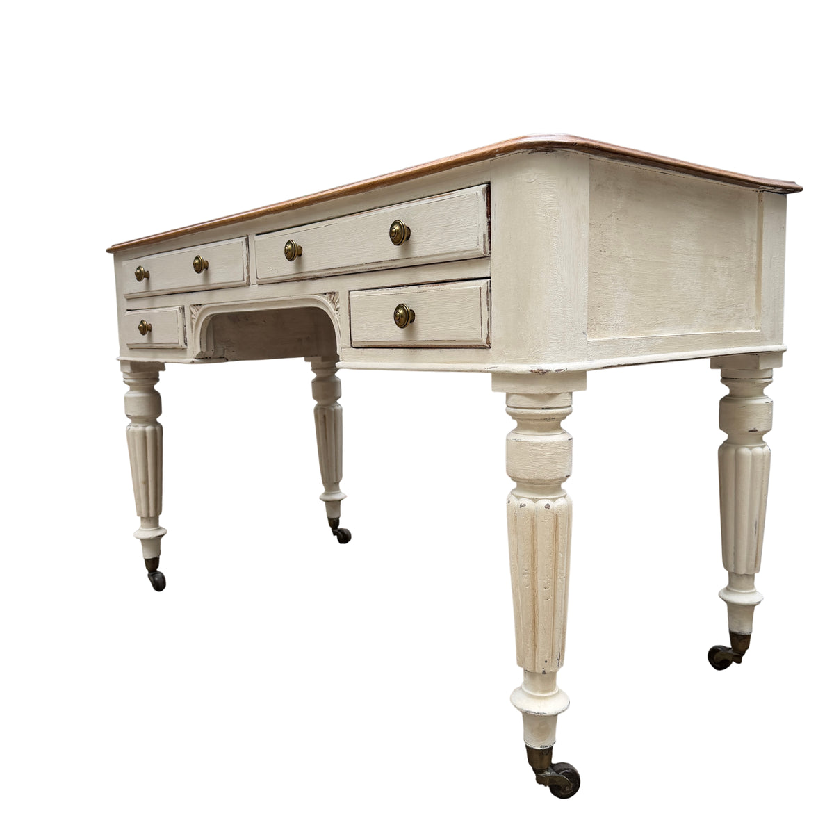 Vintage painted dressing table with solid wood top, brass knobs and turned legs on castors