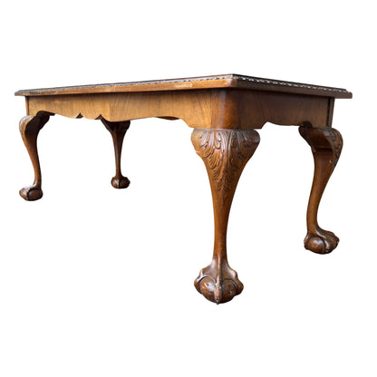 Burr walnut top close-up showing veneer pattern on vintage coffee table