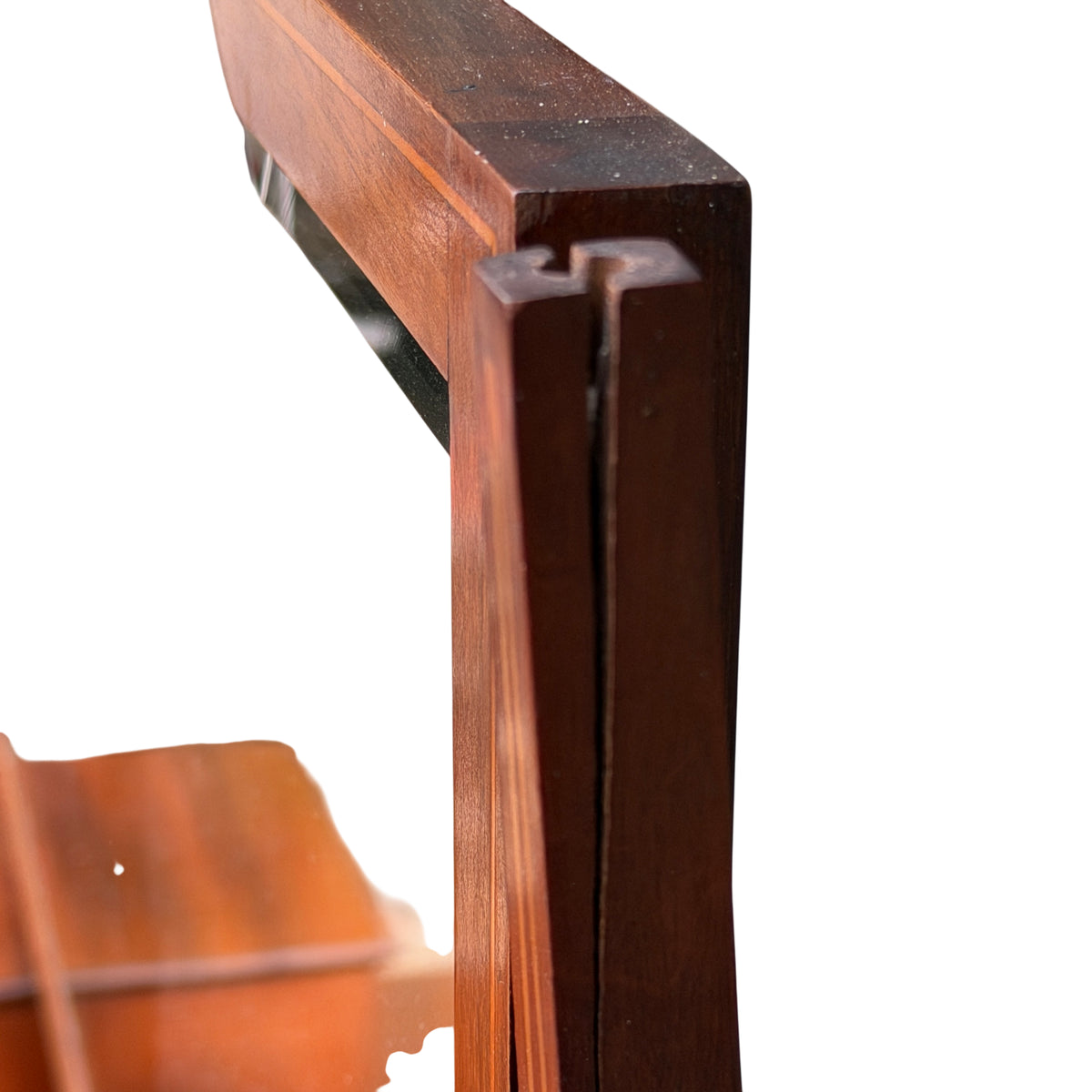 Side angle of Edwardian mahogany chest showing satinwood stringing inlay