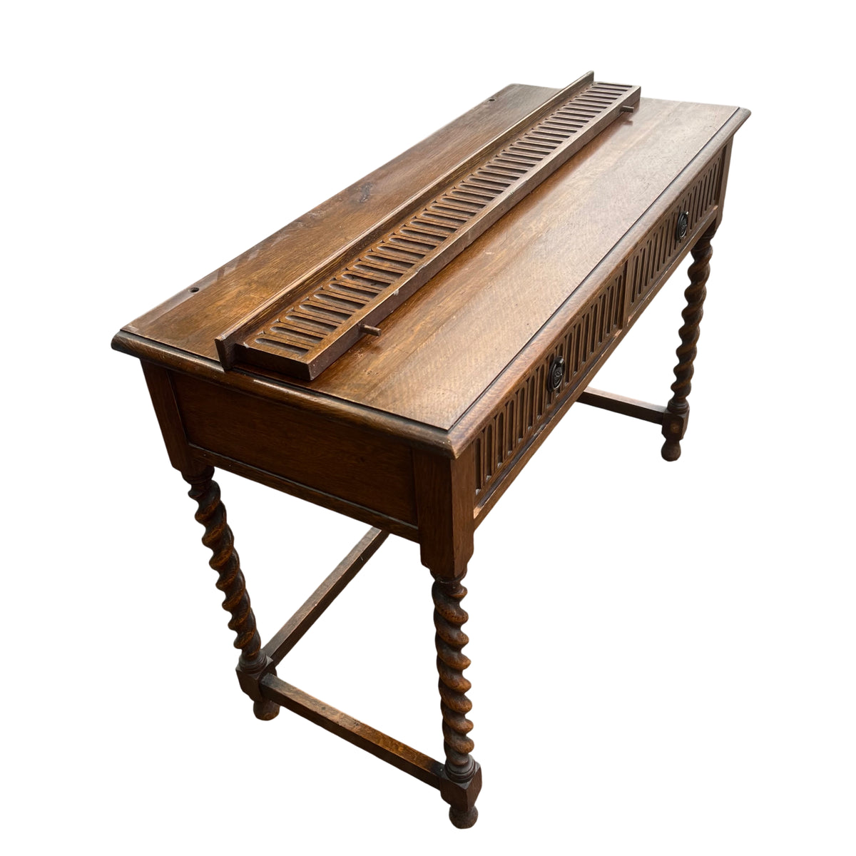 Lower stretcher framework and turned legs on oak console table (front stretcher missing)