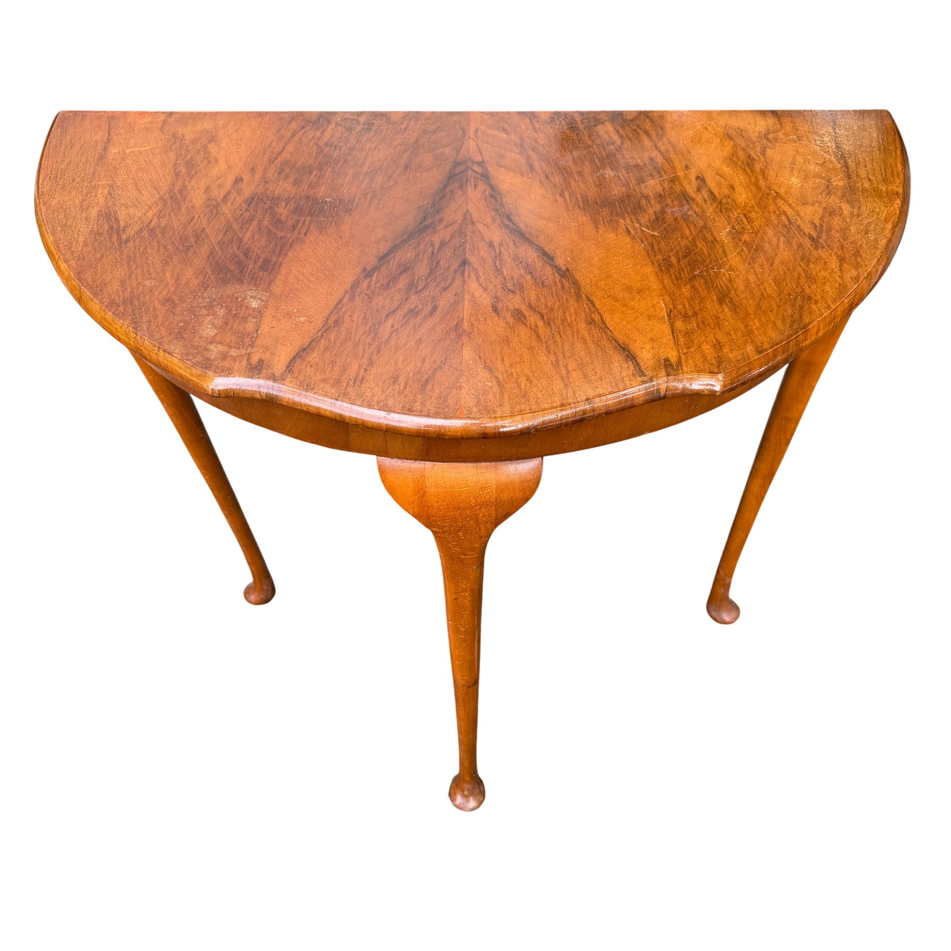 Front view of vintage demilune hall table for hallway or entry