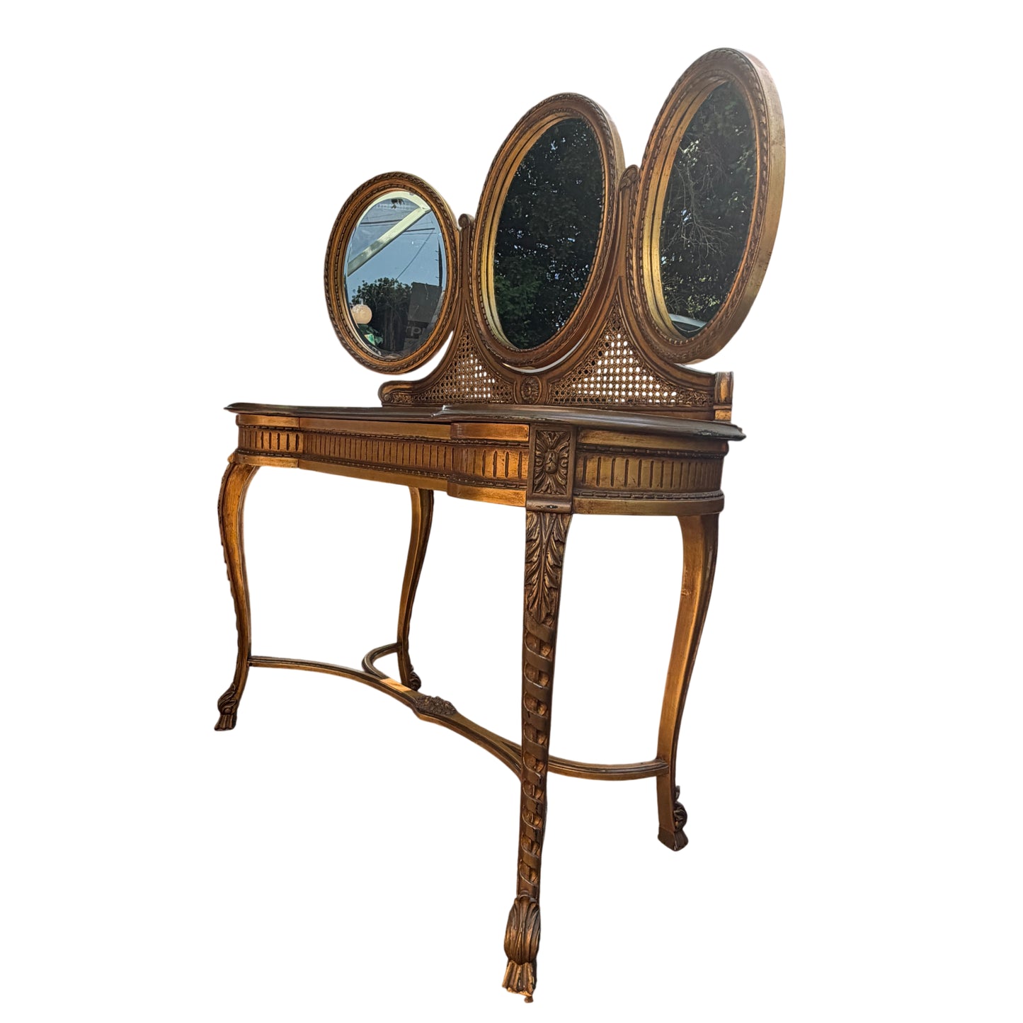 Front view of gold reproduction dressing table with central oval mirror