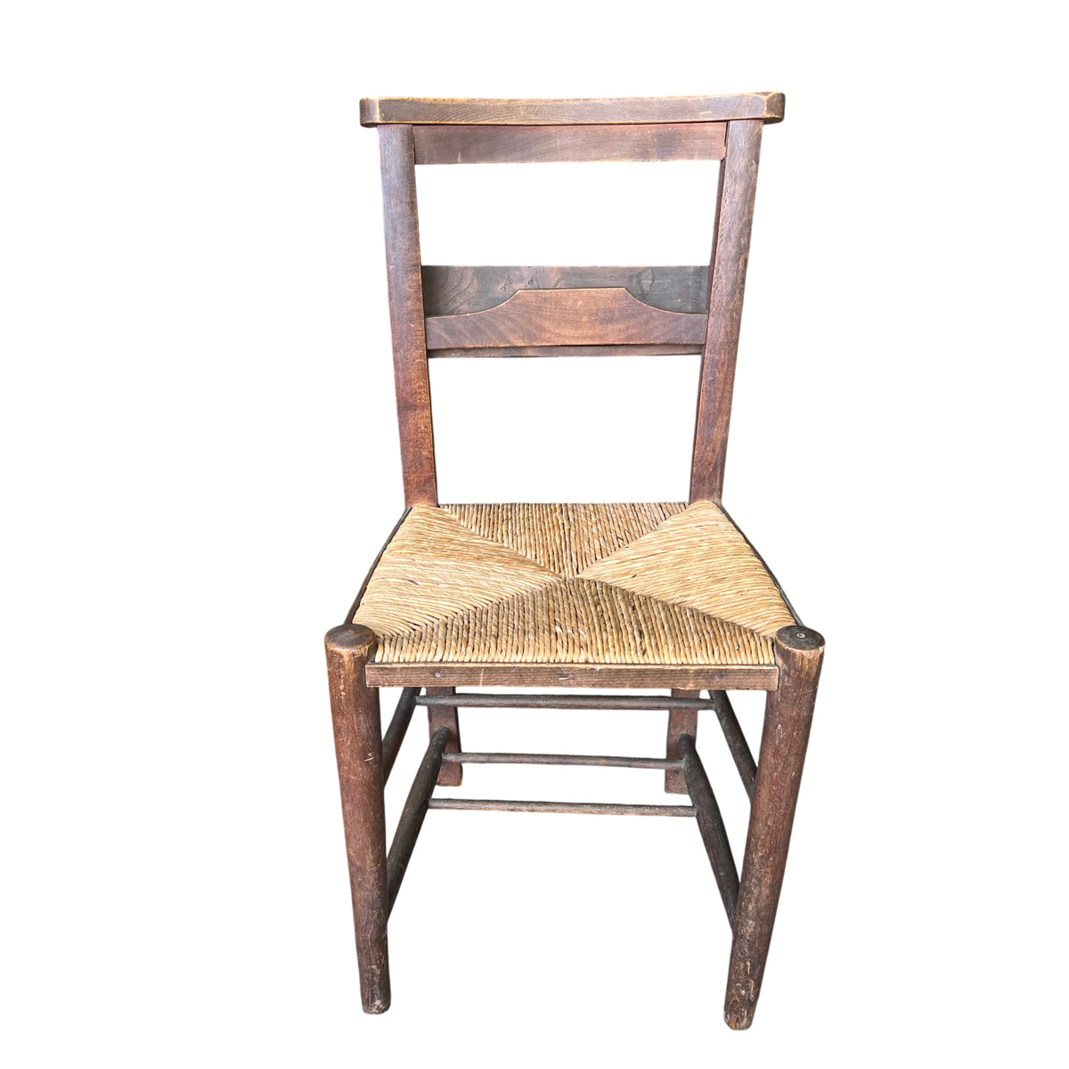 Front view vintage dining chair with woven rush seat and solid wood frame