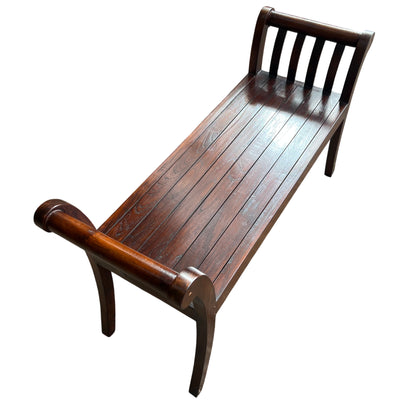 Top view of slatted teak seat on Lombok hall bench, polished finish visible