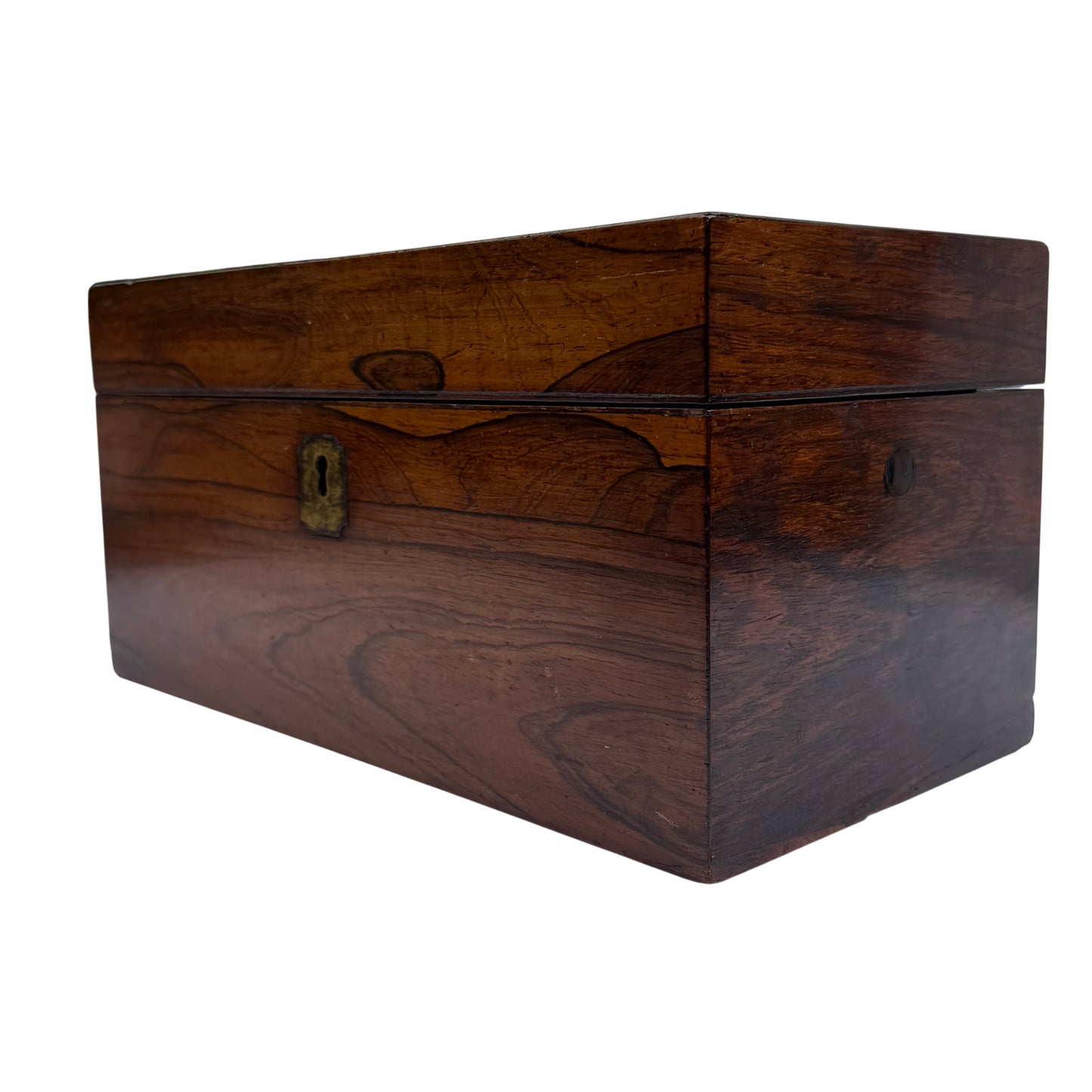 Top view of open tea caddy with one hinged compartment lid and empty central recess