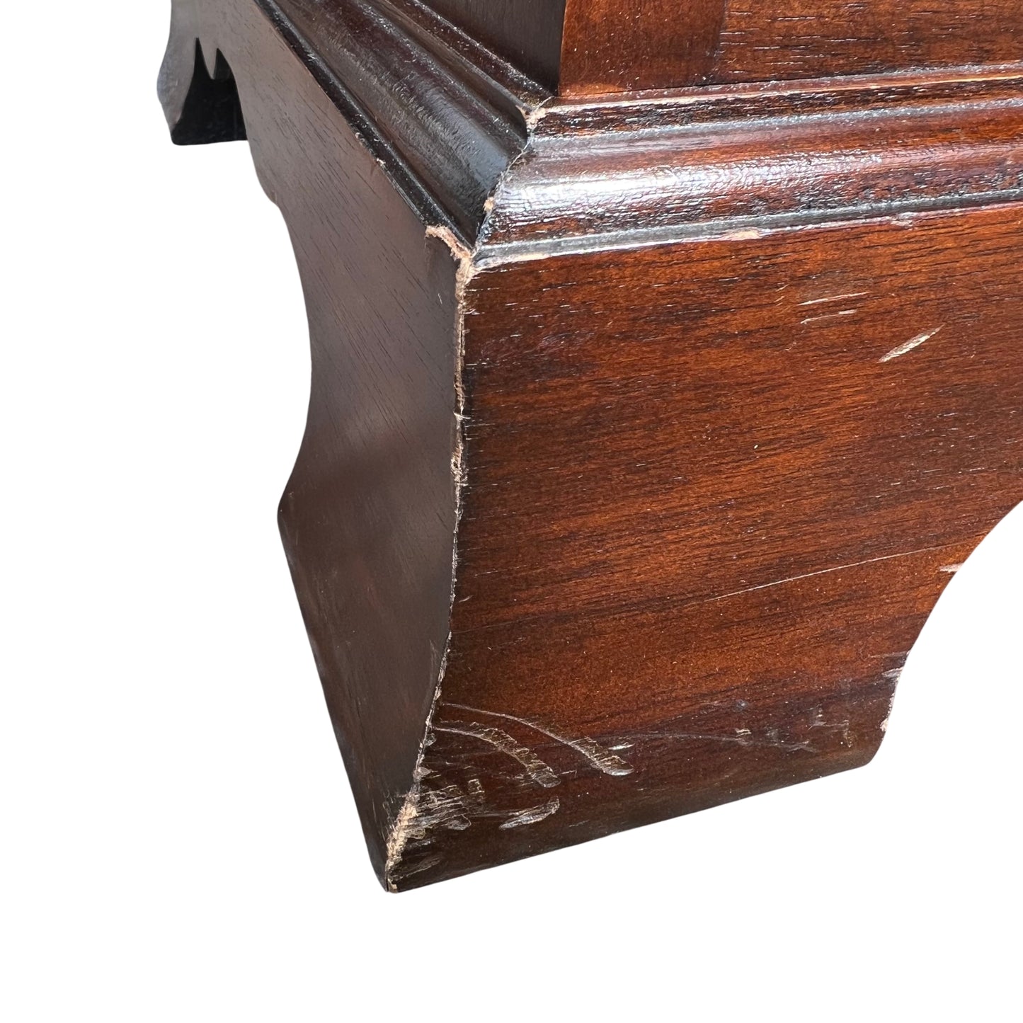 Full height view of narrow tallboy chest in mahogany finish