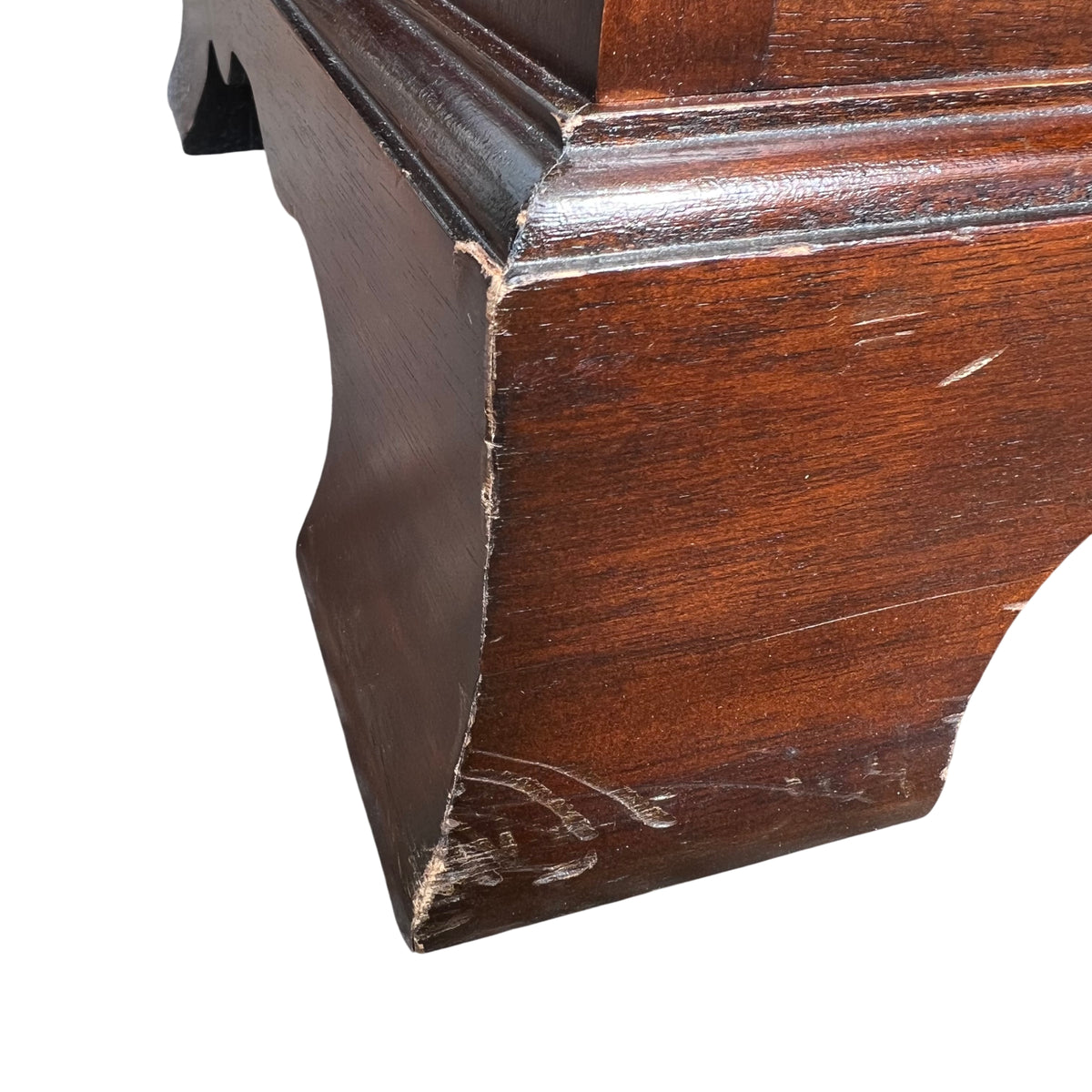 Full height view of narrow tallboy chest in mahogany finish