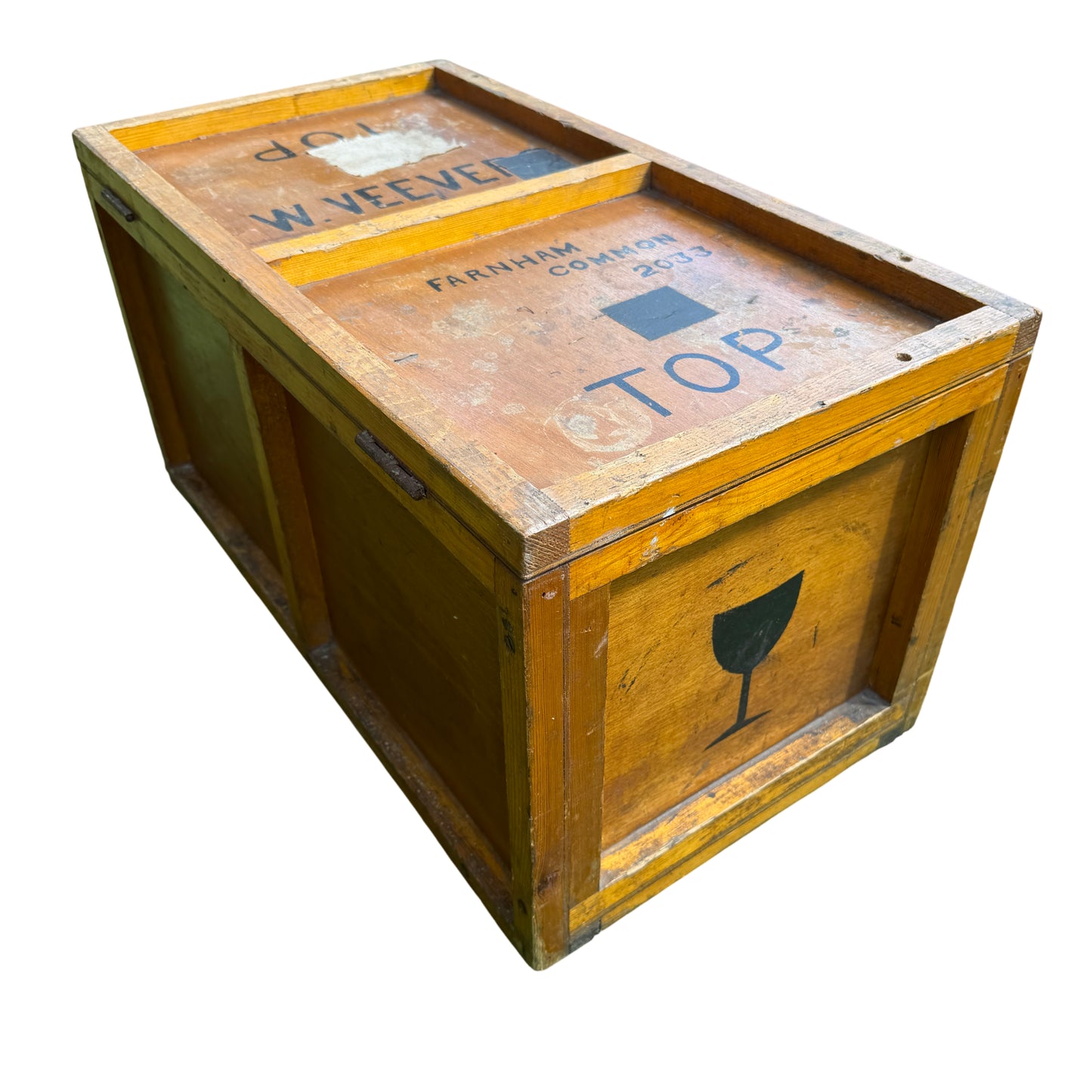 Corner view of pine shipping crate chest showing panel construction