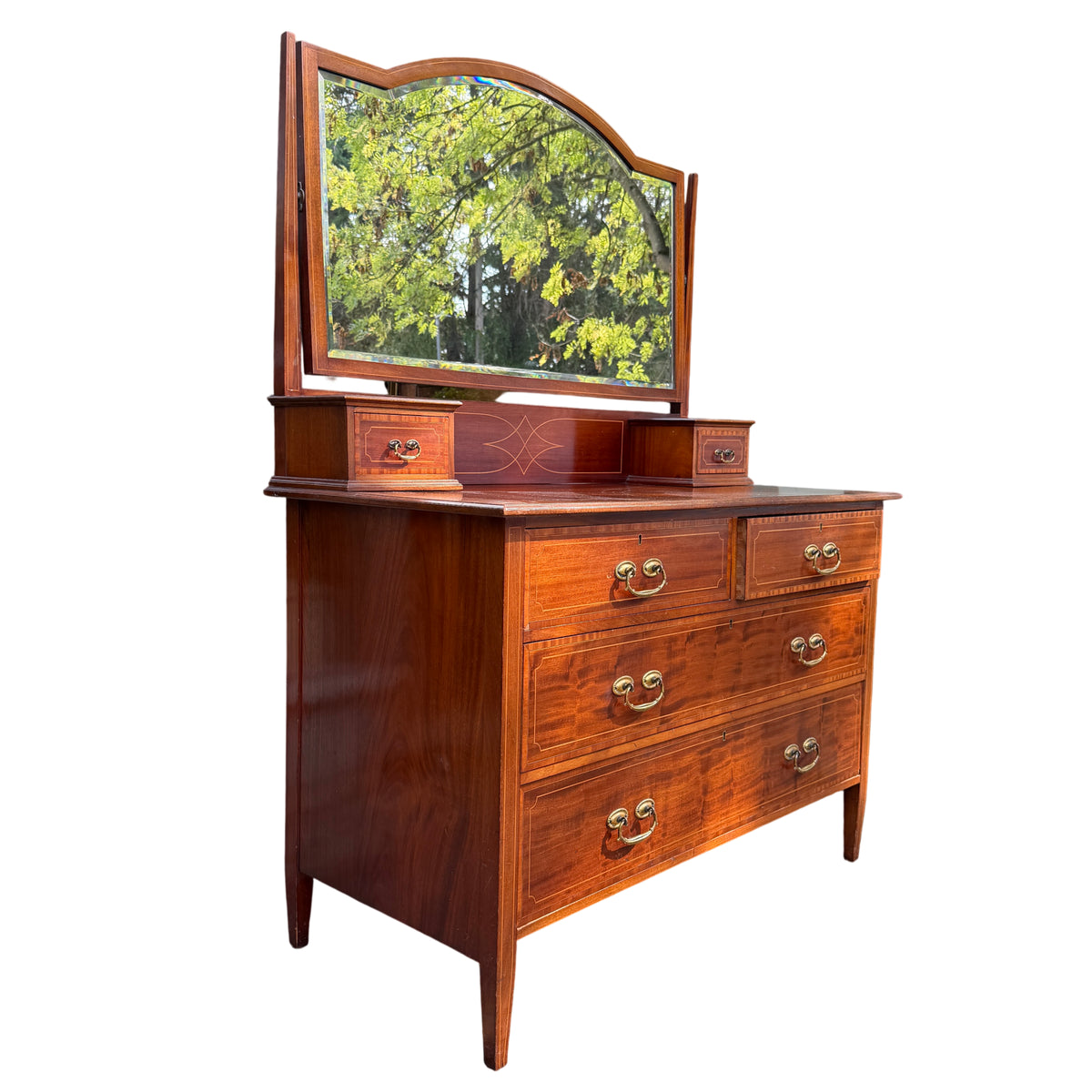 Inlaid mahogany dressing chest with two small drawers and three long drawers
