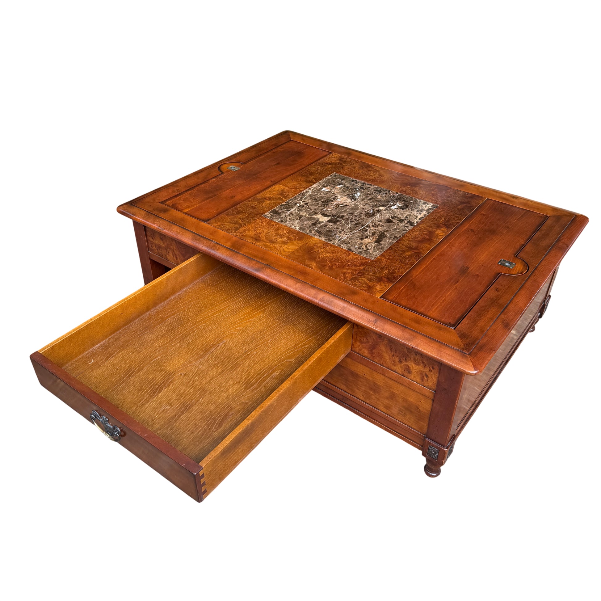 Side view of vintage coffee table with brown wood finish and storage drawer