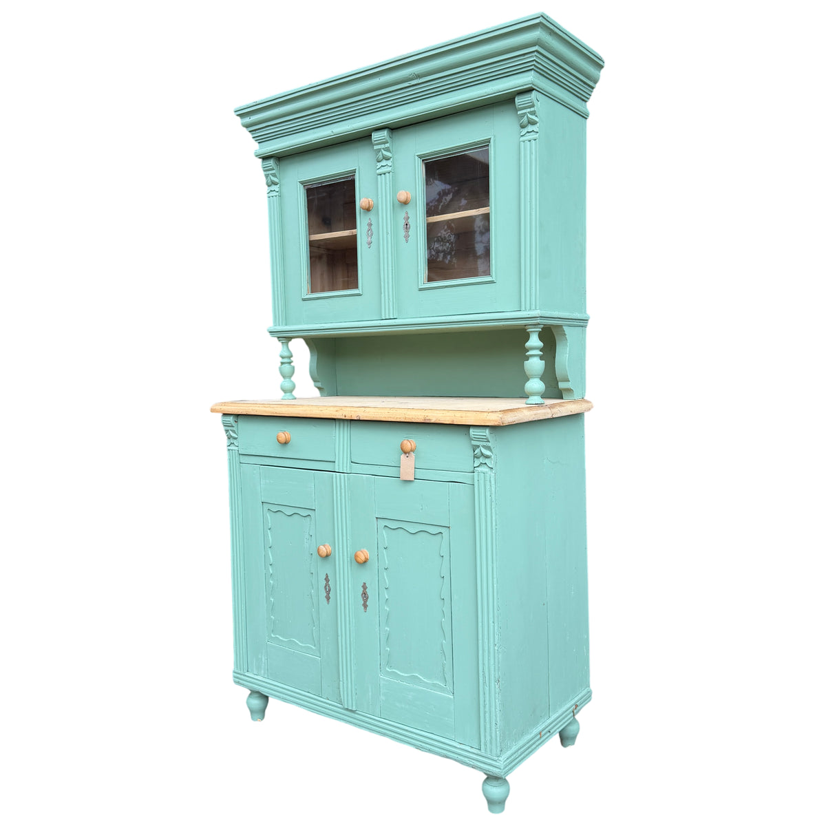 Vintage painted pine dresser cabinet with glazed upper doors and natural wood top