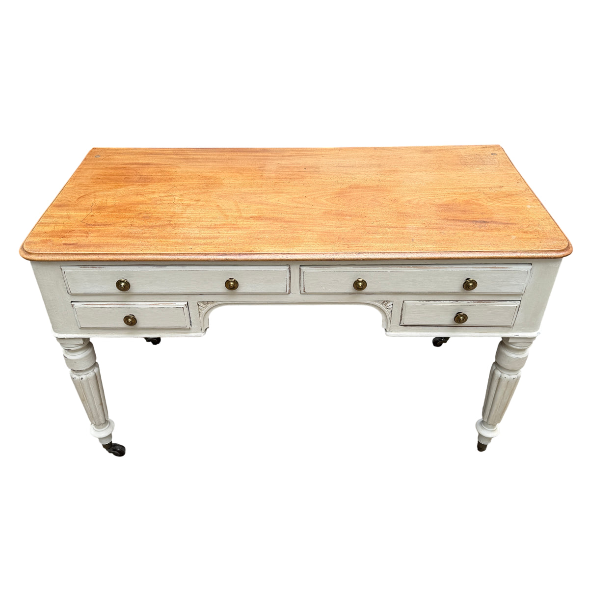 Front view vintage dressing table desk with two top drawers and central knee hole