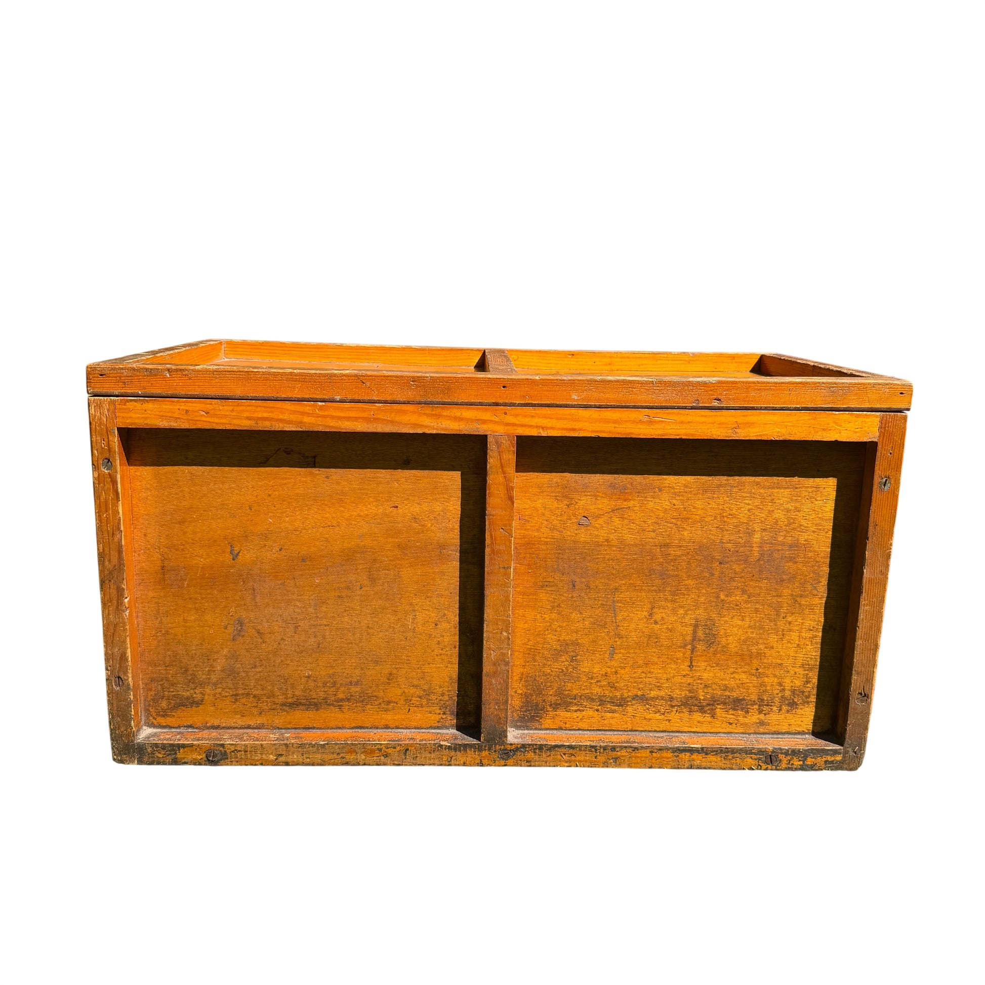 Low pine blanket box with later hinged lid and compartmented interior