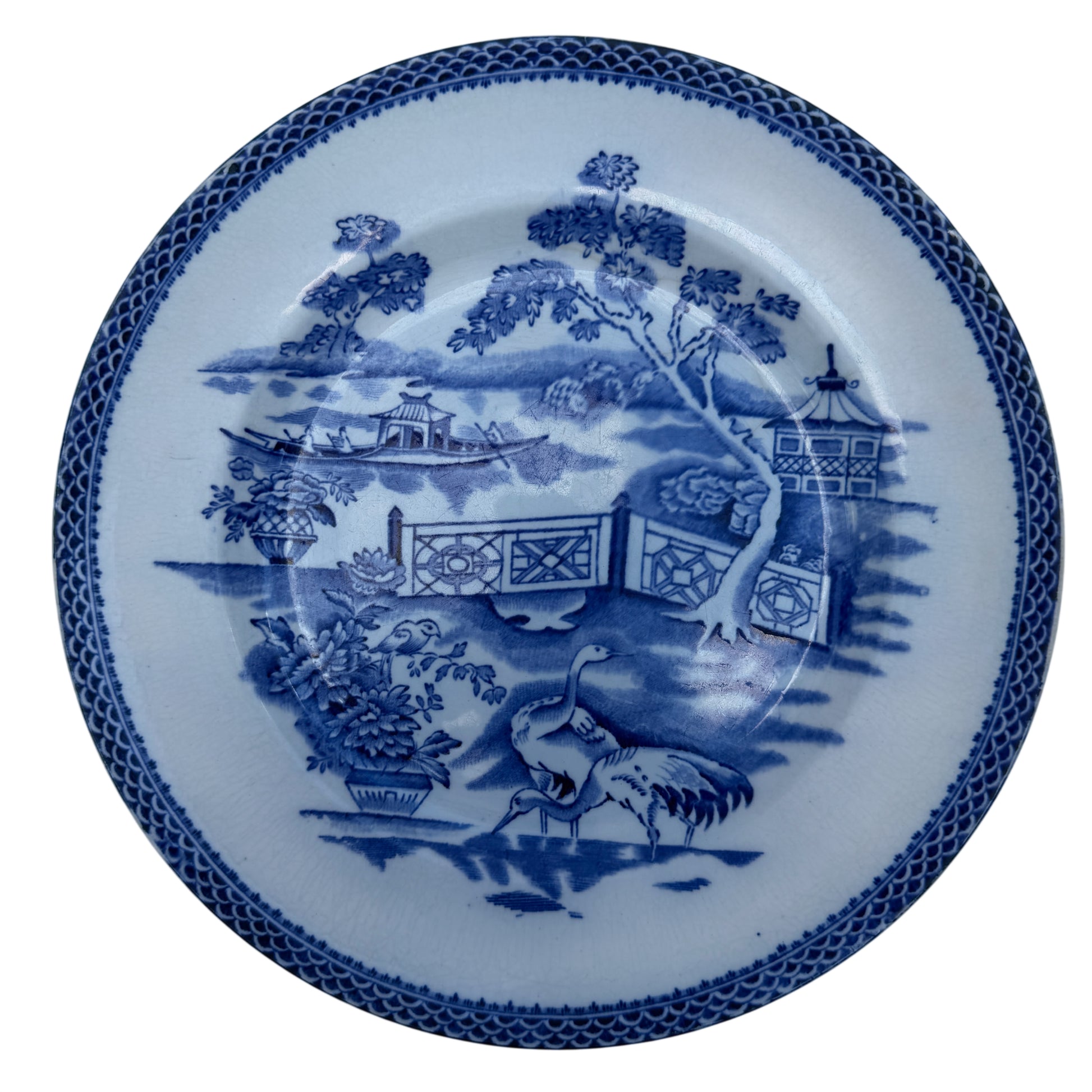 Blue and white transferware dinner plate by Thomas Till & Sons Clyde pattern showing chinoiserie scene