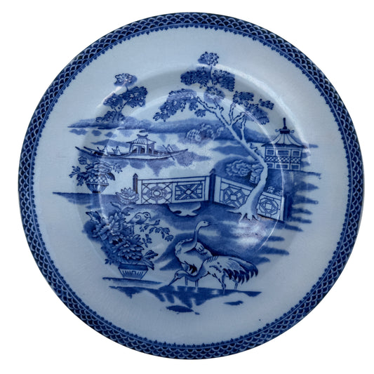 Blue and white transferware dinner plate by Thomas Till & Sons Clyde pattern showing chinoiserie scene
