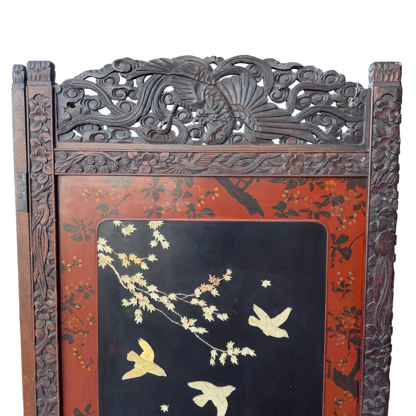 Lower section of folding screen with carved base panels and carved floral motifs