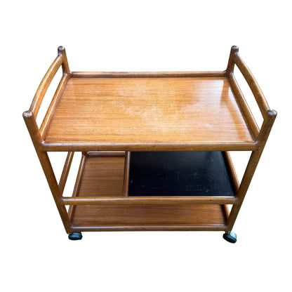 Mid century teak bar trolley with original castors and open shelving