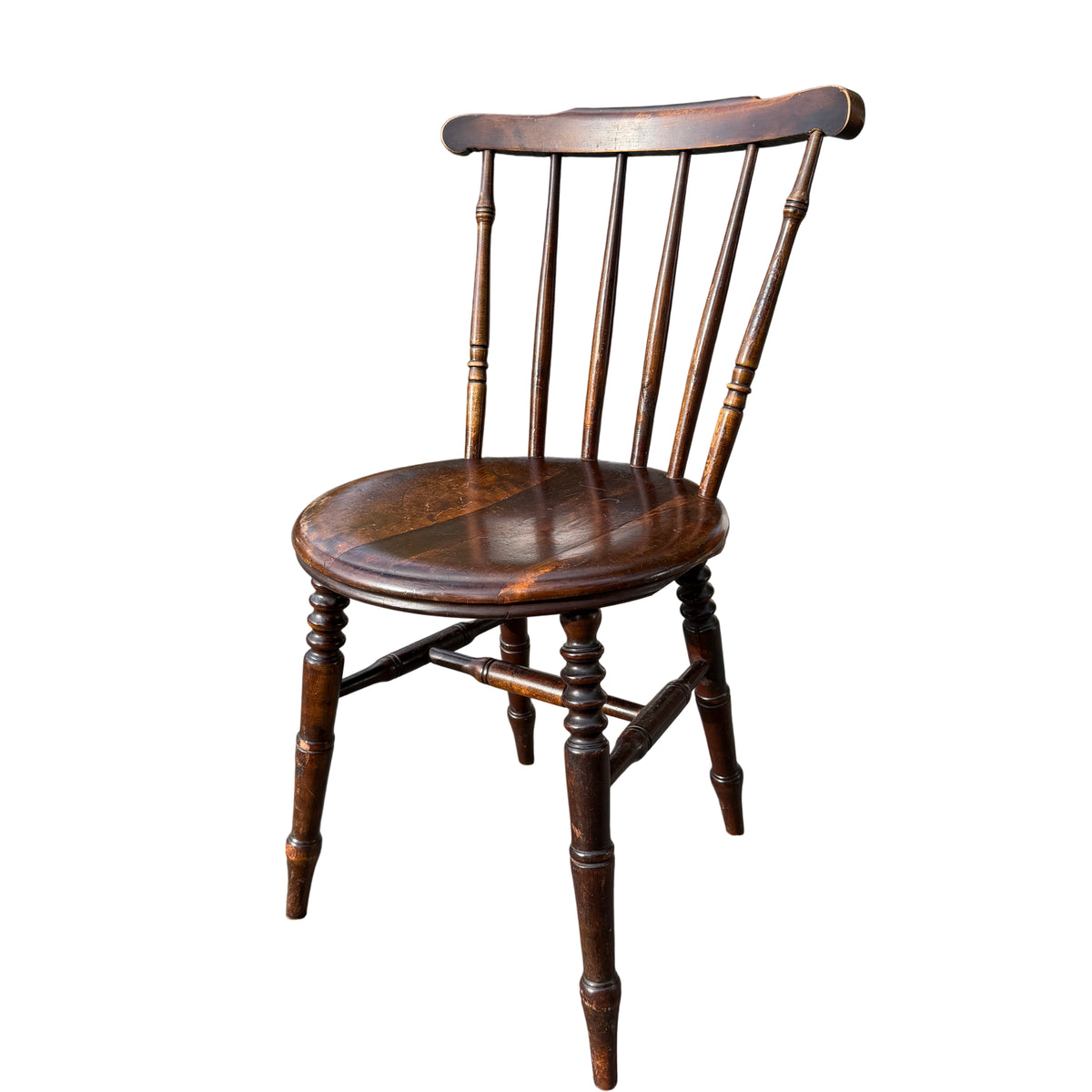 Vintage wooden penny seat dining chair with spindle stick back and turned legs, dark stained finish