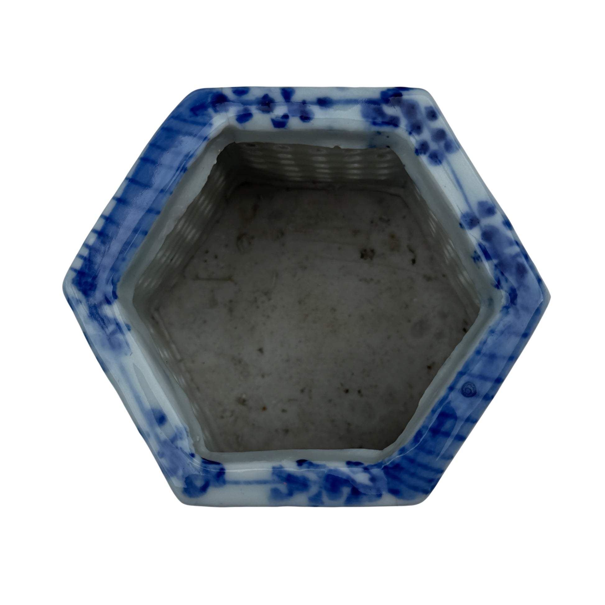 Hexagonal Chinese porcelain cachepot with underglaze cobalt floral motifs