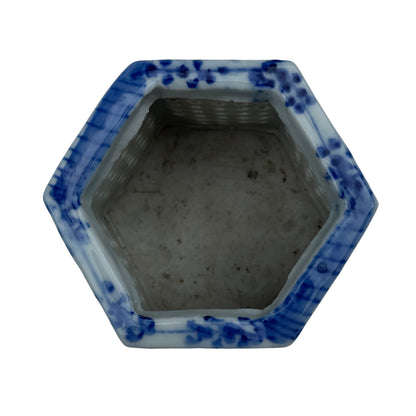 Hexagonal Chinese porcelain cachepot with underglaze cobalt floral motifs