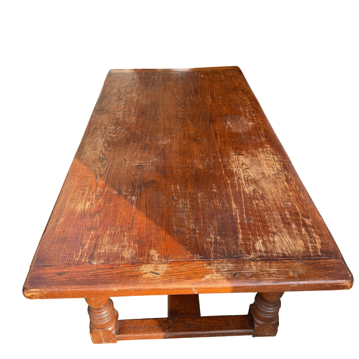 Turned baluster pedestal leg and low H-stretcher undercarriage of oak table