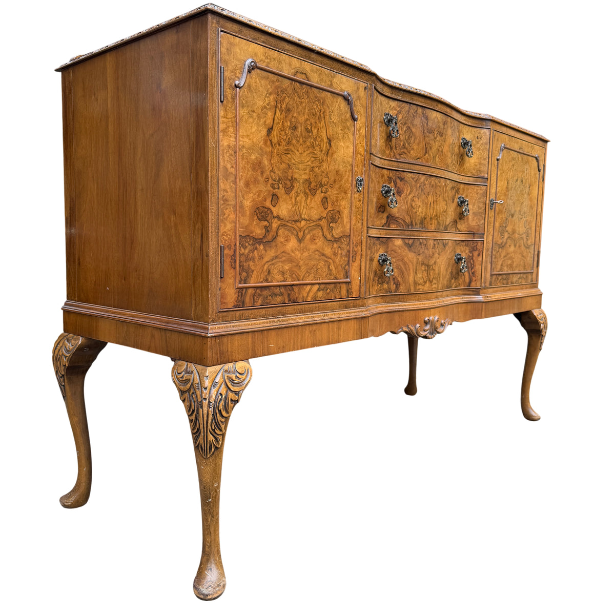Vintage burr walnut sideboard three drawers two cupboards with carved cabriole legs