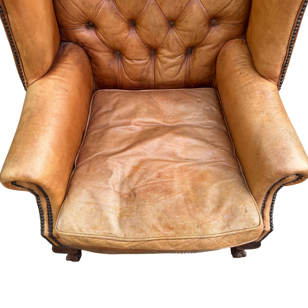 Side view showing brass-coloured studding and cabriole-style front leg on leather armchair