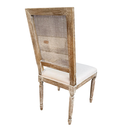 Pair of contemporary French-style chairs with cane backs in a rustic finish
