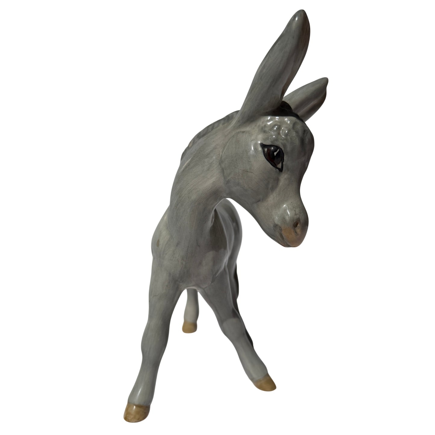Profile view of vintage Wedgwood donkey foal figurine in grey gloss with modelled ears