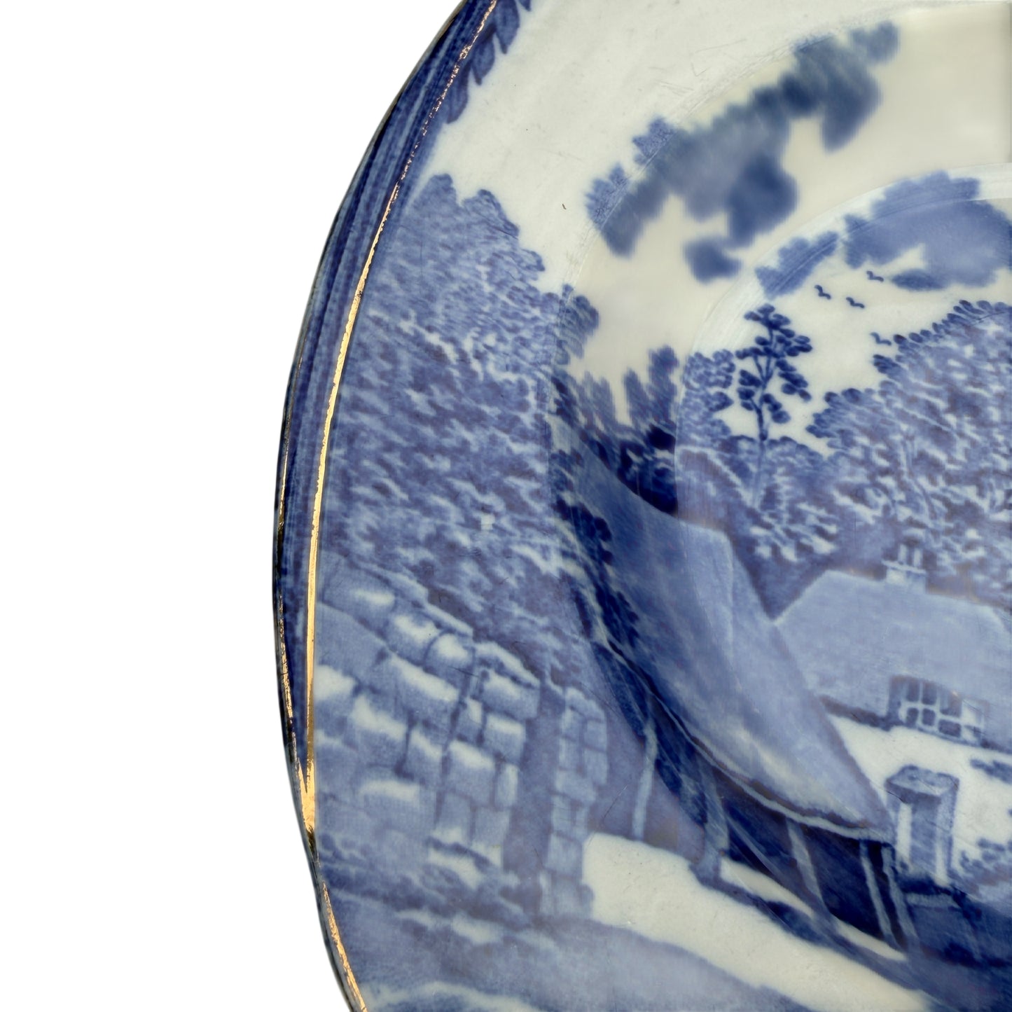 Set of three transferware bowls, English pottery style, with gilt trimmed edges