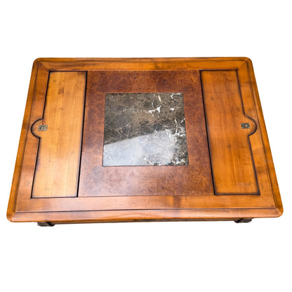 Top view showing burled wood inlay surround and central stone panel