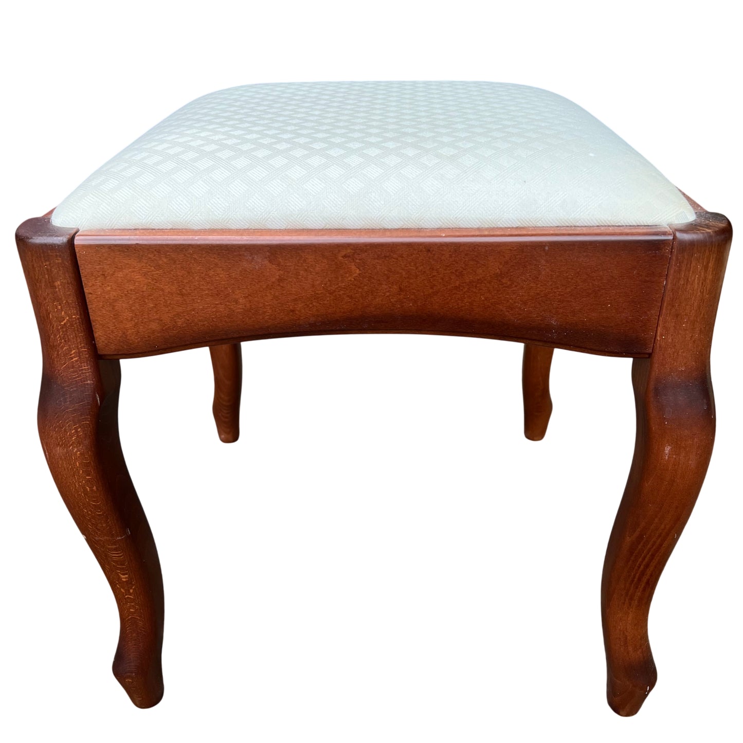 Cream upholstered wooden dressing stool with curved cabriole legs