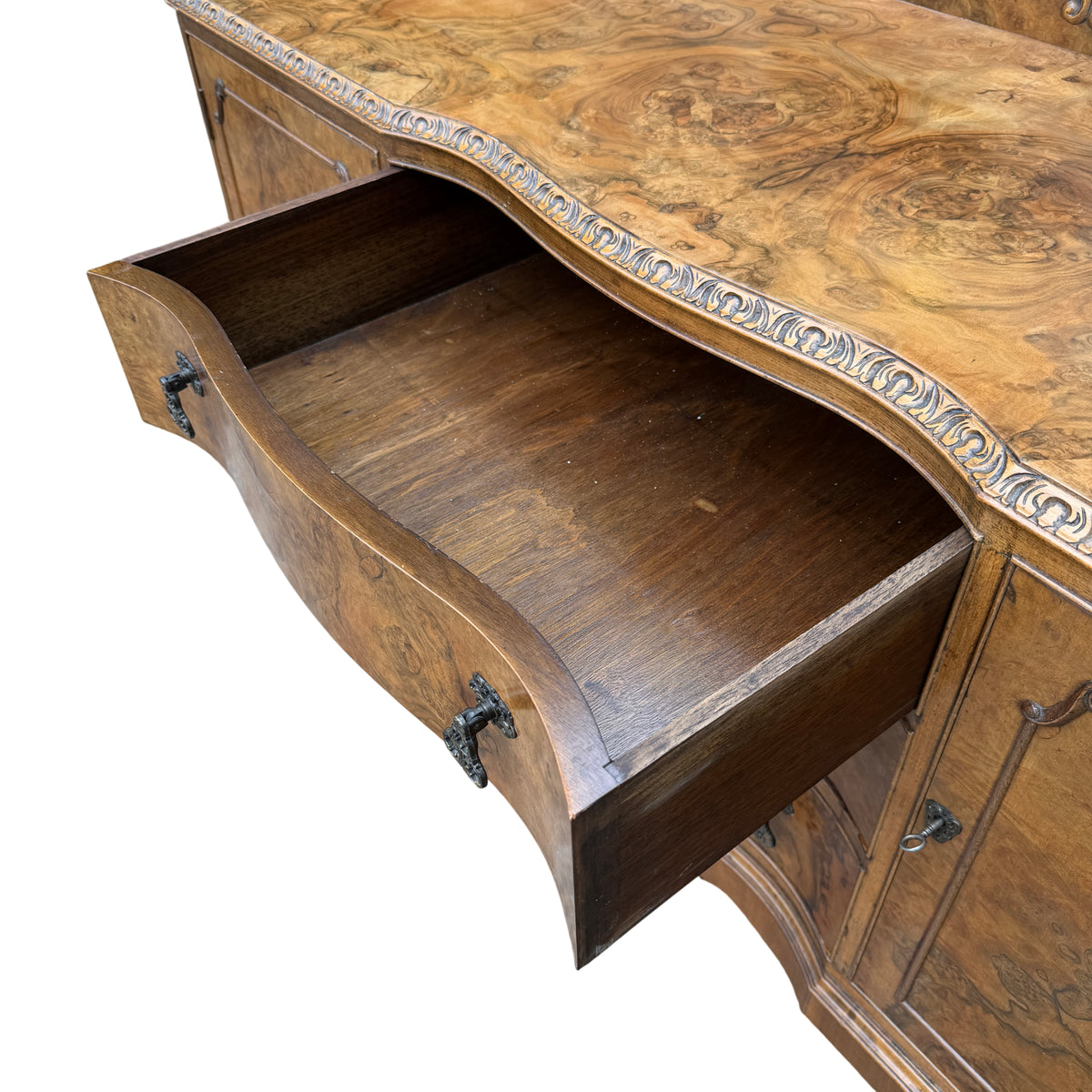 Side profile showing depth and cupboard door on burr walnut sideboard