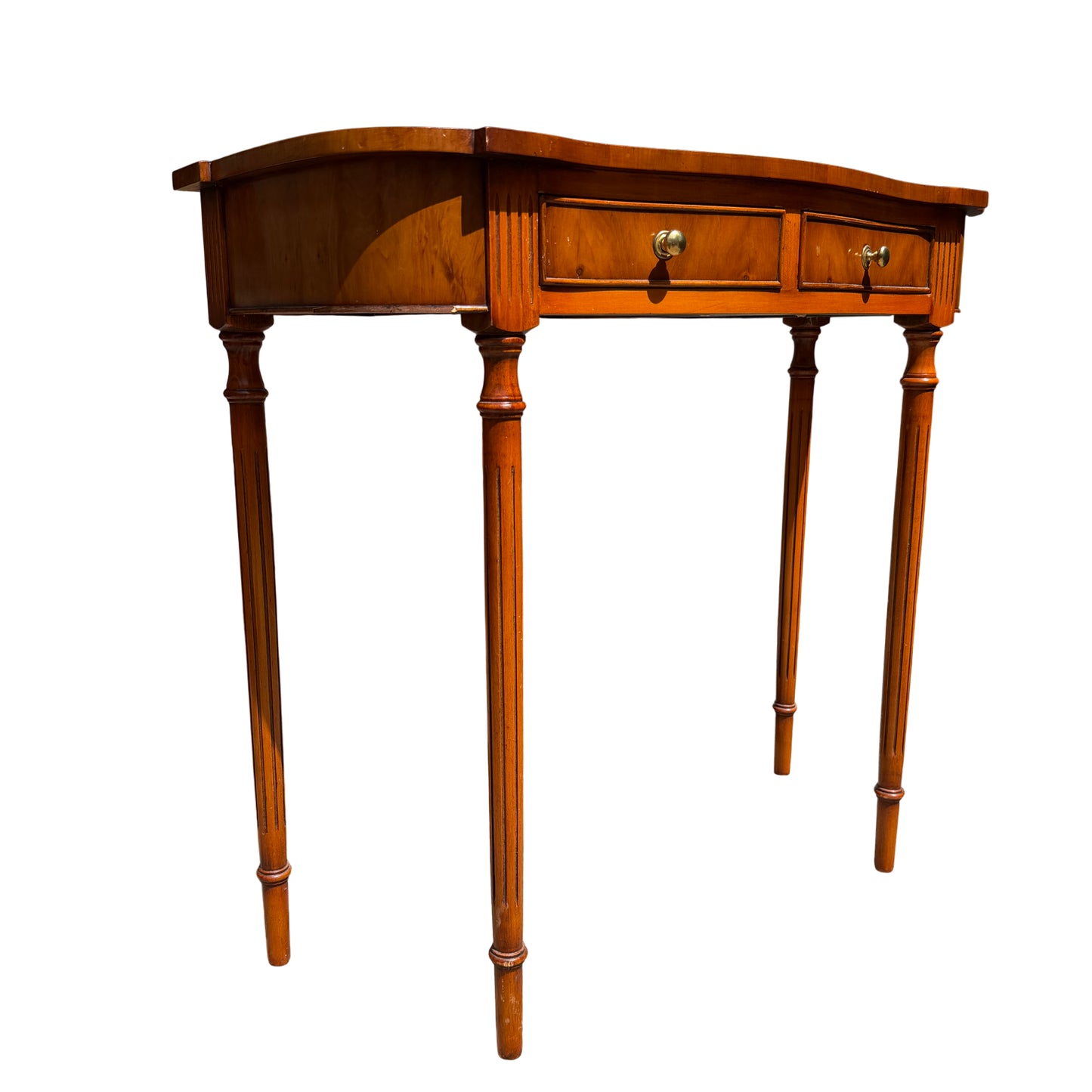 Vintage hall table with burr-veneer top, bowed front and two drawers with brass knobs
