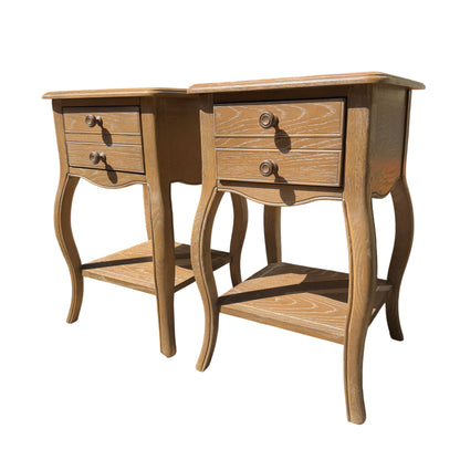 Pair of contemporary oak-effect bedside cabinets with two drawers and curved legs