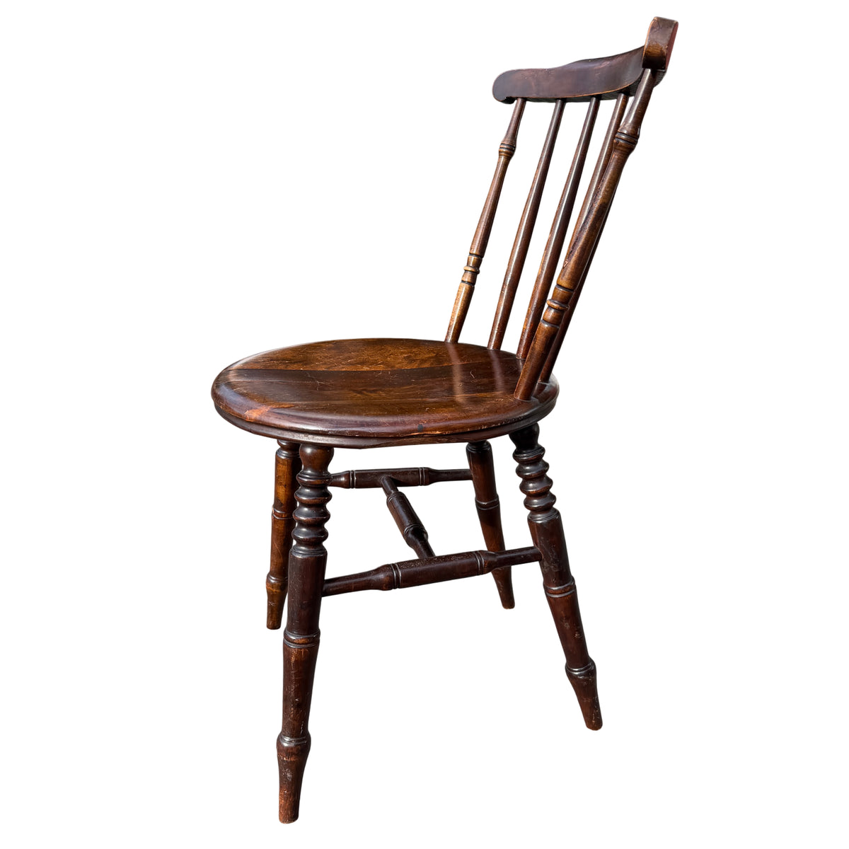 Worn dark-stained penny-seat dining chair suitable for restoration or everyday use